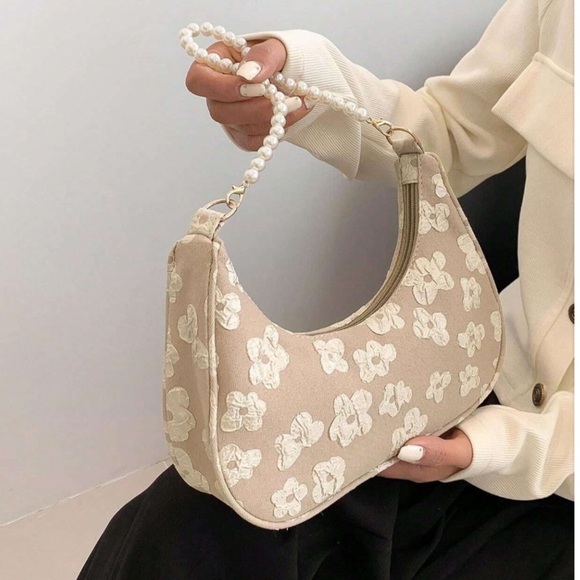 Tan & Cream Floral Print Shoulder Bag with Pearl Chain Strap | NWT | - Picture 7 of 11